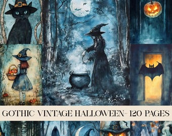 May include: A collage of watercolor illustrations with a gothic vintage Halloween theme. Images include a black cat wearing a witch hat, a witch stirring a cauldron, a carved pumpkin, and a witch with a basket. The text reads "GOTHIC VINTAGE HALLOWEEN - 120 PAGES."