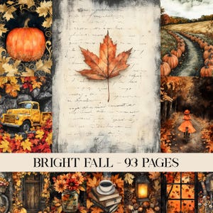 Può includere: Un collage di illustrazioni ad acquerello a tema autunnale. Include una grande zucca arancione, un camion giallo, una strada fiancheggiata da zucche e una persona in bicicletta. Il testo "BRIGHT FALL - 93 PAGES" è in basso.