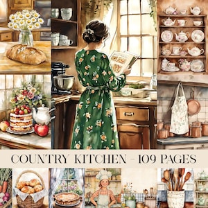 Pode incluir: Ilustração em aquarela de uma cozinha campestre. Uma mulher em um vestido verde floral lê um livro de receitas. A imagem inclui um bolo, pão, flores e uma prateleira com xícaras e bules. O texto "COUNTRY KITCHEN - 109 PAGES" está na parte inferior.