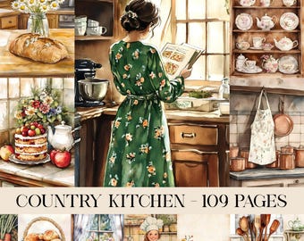May include: Watercolor illustration of a country kitchen scene. A woman in a green floral dress reads a cookbook. The image includes a cake, bread, flowers, and a shelf with teacups and teapots. The text "COUNTRY KITCHEN - 109 PAGES" is at the bottom.
