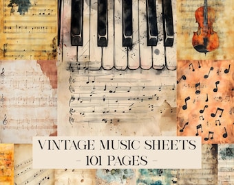 Vintage Music Digital Paper, Aged Musical Page Printable Ephemera, Old Music Sheet Background Mixed Media Pages, Scrapbooking Collage Sheet