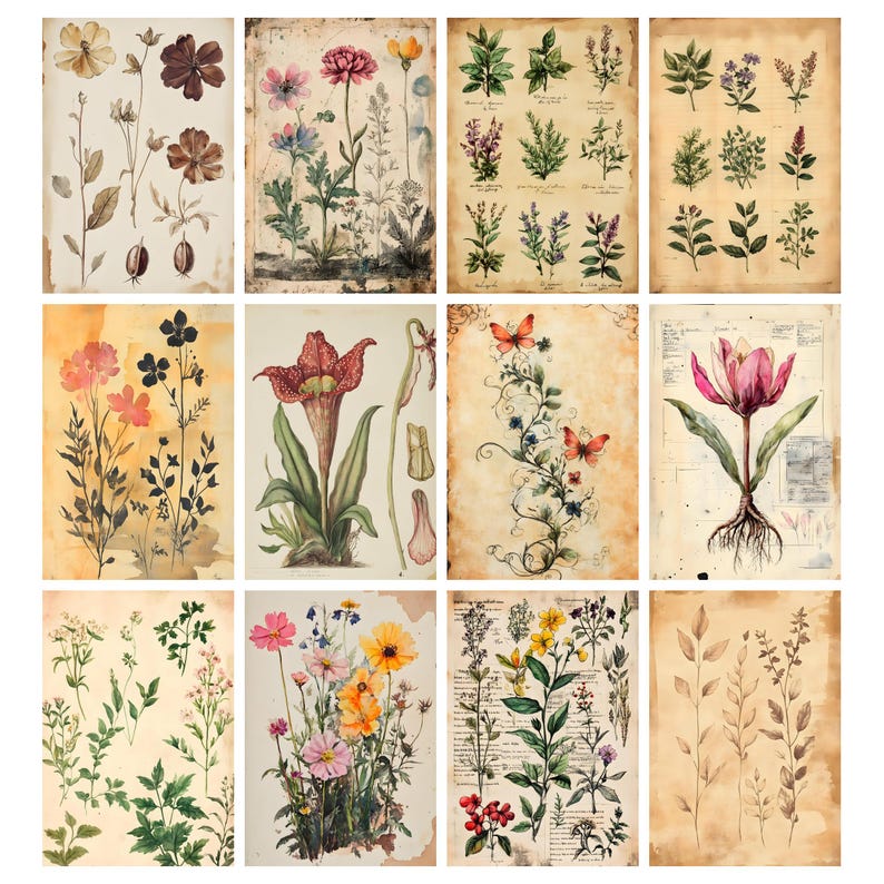 May include: A collection of twelve botanical prints featuring detailed illustrations of various flowers and plants. The prints showcase a vintage aesthetic with aged paper backgrounds and delicate watercolor-style artwork. Each print highlights different floral species, with some including scientific diagrams.