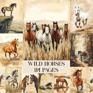 Könnte beinhalten: Eine Collage aus Aquarellmalereien mit Wildpferden in verschiedenen Umgebungen. Die Bilder zeigen Pferde auf Feldern, im Galopp und auf Klippen stehend. Der Text "WILD HORSES - 114 PAGES" wird in der Mitte der Collage angezeigt.