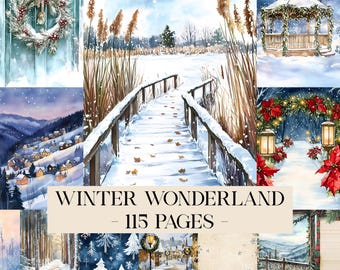 May include: A collection of watercolor illustrations with a winter theme. The images include a snow-covered bridge, a gazebo, a door with a wreath, and a village scene. The text "WINTER WONDERLAND - 115 PAGES" is displayed at the bottom.