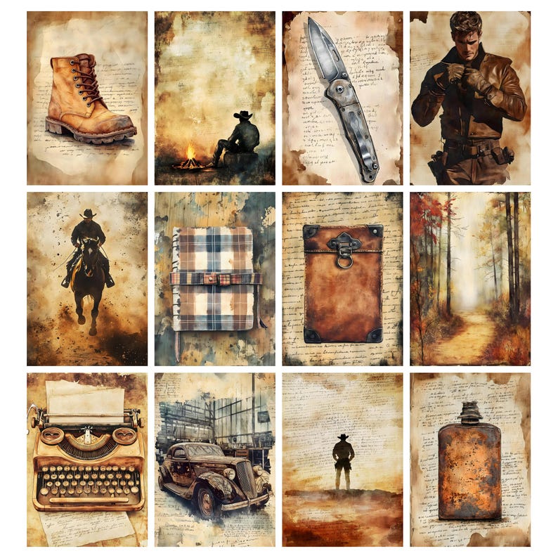 K&ouml;nnte beinhalten: Eine Sammlung von Aquarellillustrationen mit Western- und Vintage-Themen. Die Bilder zeigen einen Cowboy, einen Stiefel, ein Messer, ein Notizbuch, ein Oldtimer, eine Schreibmaschine, einen Lederkoffer, einen Mann in einer Lederjacke, einen Waldweg, einen Cowboy am Feuer und eine Flasche.