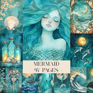 Può includere: Un collage di illustrazioni ad acquerello a tema sirena. L'immagine centrale presenta una sirena con lunghi capelli turchesi e una coda squamata. Altre immagini includono conchiglie, delfini e il testo "MERMAID - 97 PAGES".