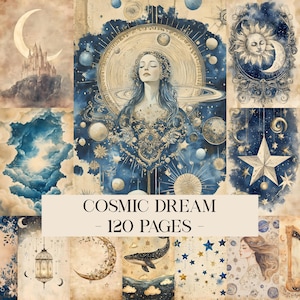 May include: A collection of celestial-themed journal pages featuring illustrations of a central figure, a castle on a cliff, a sun and moon, stars, a whale, and a lantern. The text reads COSMIC DREAM - 120 PAGES - on a cream-coloured background.