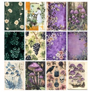 Pu&ograve; includere: Una collezione di stampe artistiche ad acquerello con temi botanici e fantasy. Le stampe presentano vari disegni, tra cui composizioni floreali, funghi, uva e una donna che cura le piante. La tavolozza dei colori comprende sfumature di verde, viola e beige.