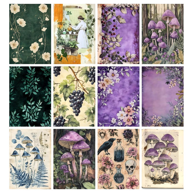 Pu&ograve; includere: Una collezione di stampe artistiche ad acquerello con temi botanici e fantasy. Le stampe presentano vari disegni, tra cui composizioni floreali, funghi, uva e una donna che cura le piante. La tavolozza dei colori comprende sfumature di verde, viola e beige.