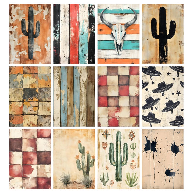 May include: A collection of rustic-style wall art panels. The panels feature various designs, including a black cactus on a weathered orange background, a steer skull, and a checkered pattern. The art evokes a Southwestern or Western theme.