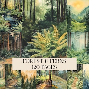 Peut inclure: Illustrations à l'aquarelle de scènes de forêt avec des fougères, des arbres et des ruisseaux. Les images sont dans des tons de vert, de brun et de jaune. Le texte sur l'image indique "FOREST & FERNS - 120 PAGES".