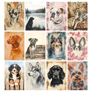 May include: A collection of watercolor dog portraits. The images feature various breeds, including a Chihuahua, Bulldog, and Husky. Each portrait showcases the dogs with detailed fur and expressive eyes, set against soft, textured backgrounds.