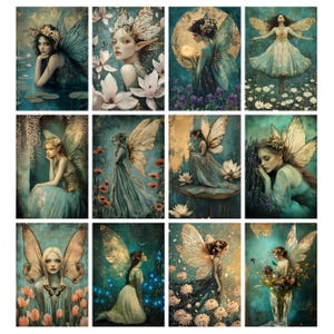 Puede incluir: Una colecci&oacute;n de doce grabados de arte fant&aacute;stico que representan figuras de hadas et&eacute;reas con alas detalladas, vestidos fluidos y detalles florales. La paleta de colores incluye verde azulado, dorado y tonos pastel suaves, creando una est&eacute;tica caprichosa y encantadora.