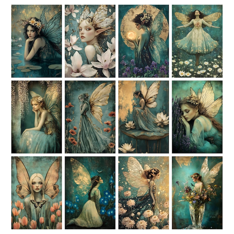 Puede incluir: Una colecci&oacute;n de doce grabados de arte fant&aacute;stico que representan figuras de hadas et&eacute;reas con alas detalladas, vestidos fluidos y detalles florales. La paleta de colores incluye verde azulado, dorado y tonos pastel suaves, creando una est&eacute;tica caprichosa y encantadora.