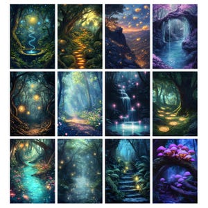 May include: A collection of twelve fantasy art prints depicting enchanting forest scenes. Each print showcases vibrant colors, including blues, greens, and purples, with glowing lights and pathways. The artwork evokes a sense of wonder and magic, perfect for wall decor.