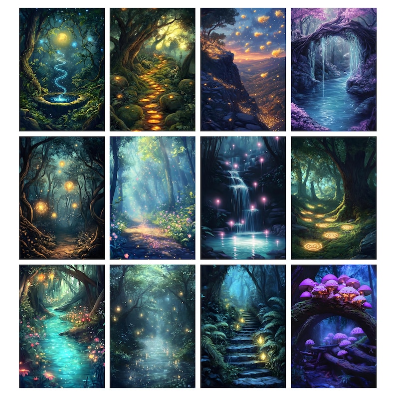 May include: A collection of twelve fantasy art prints depicting enchanting forest scenes. Each print showcases vibrant colors, including blues, greens, and purples, with glowing lights and pathways. The artwork evokes a sense of wonder and magic, perfect for wall decor.