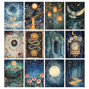 May include: A collection of twelve watercolor art prints featuring mystical and celestial themes. Each print showcases a unique scene, including a deer in a starry sky, a raven on a tree, lanterns in a forest, and an owl in flight. The color palette is dominated by blues, greens, and golds.