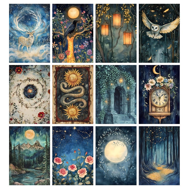 May include: A collection of twelve watercolor art prints featuring mystical and celestial themes. Each print showcases a unique scene, including a deer in a starry sky, a raven on a tree, lanterns in a forest, and an owl in flight. The color palette is dominated by blues, greens, and golds.