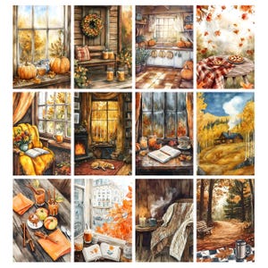 May include: A collection of watercolor paintings depicting cozy autumn scenes. Each painting features warm colors, pumpkins, and elements like windows, books, and candles. The scenes evoke a sense of comfort and the beauty of fall.