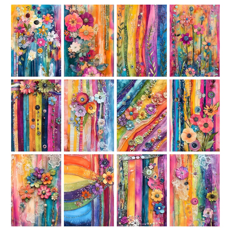May include: A collection of twelve vibrant, colorful floral art prints. Each print features a unique arrangement of flowers and decorative elements against a backdrop of vertical stripes in various colors, including pink, orange, blue, and yellow. The artwork has a textured, painted appearance.