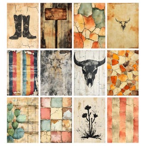 May include: A collection of twelve rustic-style art prints. The images feature a variety of designs, including cowboy boots, a wooden sign, cracked paint, a bull skull, a sun, a cactus, and colorful patterns. The color palette includes browns, oranges, and blues.
