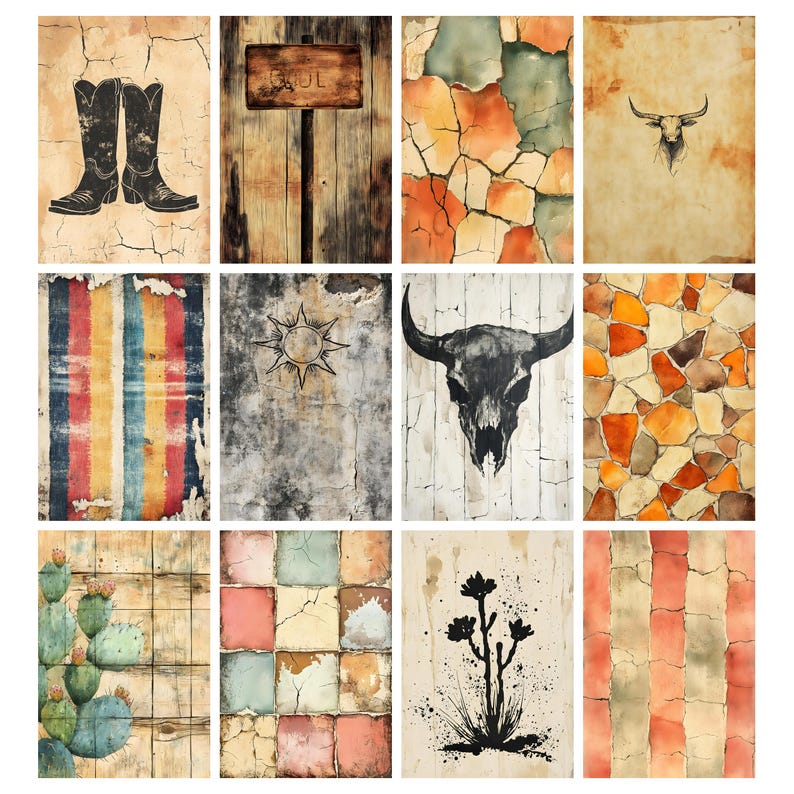May include: A collection of twelve rustic-style art prints. The images feature a variety of designs, including cowboy boots, a wooden sign, cracked paint, a bull skull, a sun, a cactus, and colorful patterns. The color palette includes browns, oranges, and blues.