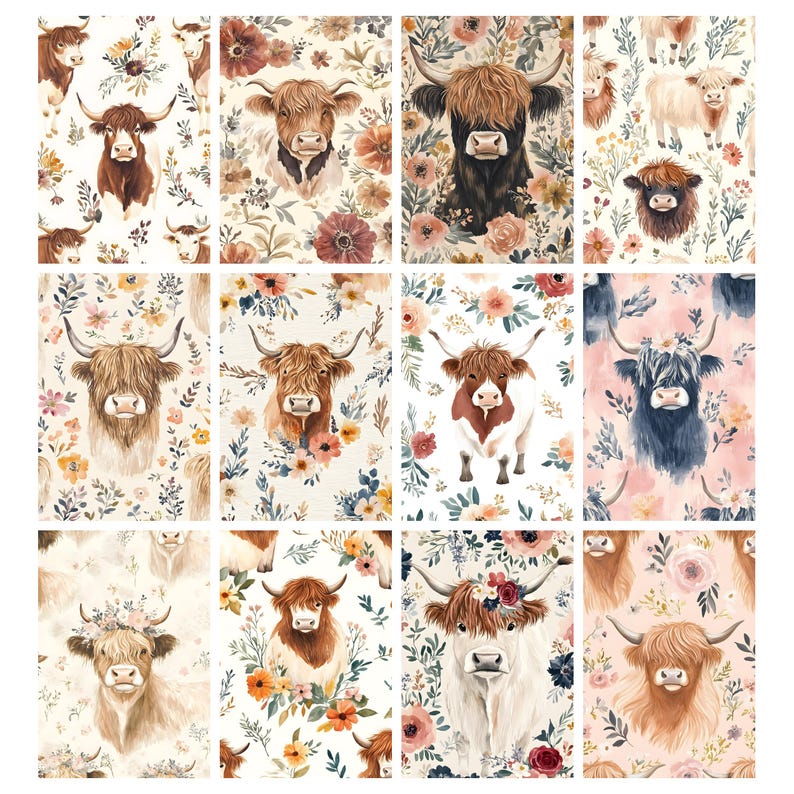 May include: A collection of watercolor illustrations featuring Highland cows with floral accents. The images showcase various cow portraits with long fur, horns, and surrounded by flowers in shades of pink, orange, and blue. The backgrounds are a soft cream color.