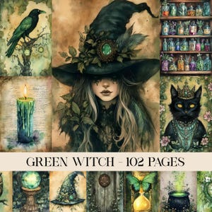 May include: A collage of watercolor illustrations with a witch theme. The central image is a woman with a witch hat. Other images include a black cat, a raven, a candle, and a shelf of potion bottles. The text "GREEN WITCH - 102 PAGES" is at the bottom.