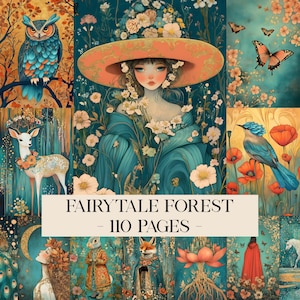 Peut inclure: Un collage d'art numérique sur le thème des contes de fées. L'image présente un hibou, un cerf, des papillons et une femme portant un grand chapeau, entourée de fleurs. Le texte "FAIRYTALE FOREST - 110 PAGES -" est affiché en bas.