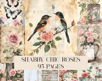 Shabby Chic Roses Junk Journal Kit, Floral Shabby Chic Roses Seiten, Vintage Roses Journal Papiere, Florales Collage Sheet, Aquarell Rosen