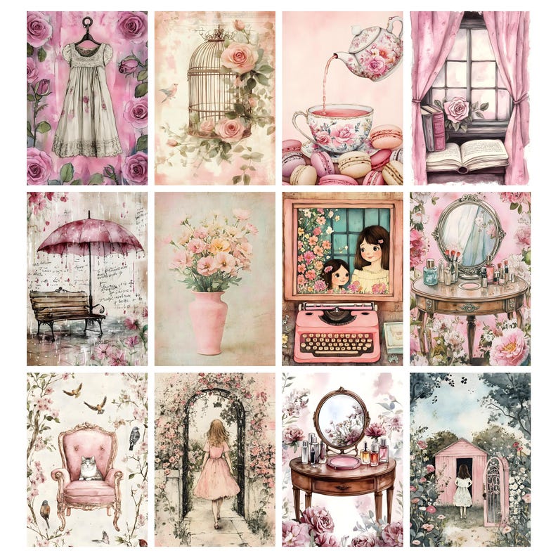 May include: A collection of twelve watercolor illustrations with a vintage, romantic theme. Each image features soft pink hues and depicts scenes such as a dress, birdcage, teacup, window, umbrella, vase of flowers, typewriter, vanity, armchair, archway, and a small house.