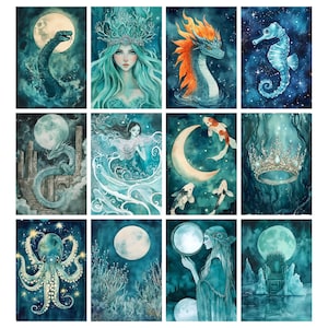 May include: A collection of twelve watercolor art prints featuring fantasy creatures and celestial elements. Each print showcases a different scene, including a sea serpent, a mermaid, a dragon, a seahorse, and an octopus, all set against a moonlit backdrop.