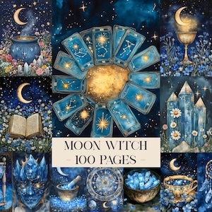 Può includere: Un collage di illustrazioni ad acquerello con temi celesti e mistici. Le immagini includono carte dei tarocchi, un calderone, un calice, un libro, cristalli e una tazza da tè, il tutto ambientato su uno sfondo di cielo stellato. Il testo "MOON WITCH - 100 PAGES" è visualizzato.