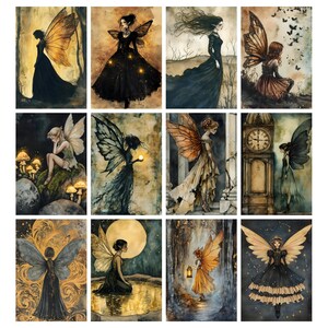 May include: A collection of twelve watercolor paintings depicting fairies in various poses and settings. Each fairy has detailed wings and is dressed in flowing gowns. The color palette includes blacks, golds, and earthy tones, creating a mystical and ethereal atmosphere.