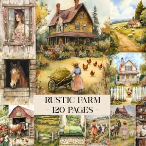 May include: A watercolor illustration of a rustic farm scene. The image features a large yellow house, a woman with a wheelbarrow, chickens, and other farm elements. The text "RUSTIC FARM - 120 PAGES" is displayed.