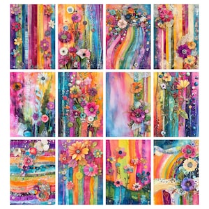 May include: A collection of twelve vibrant floral art prints. Each print features colorful vertical stripes and an array of handcrafted flowers in various sizes and hues. The artwork showcases a mix of textures and a bright, cheerful aesthetic.