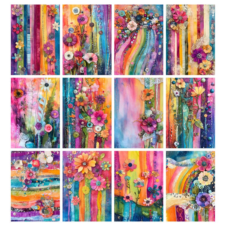 May include: A collection of twelve vibrant floral art prints. Each print features colorful vertical stripes and an array of handcrafted flowers in various sizes and hues. The artwork showcases a mix of textures and a bright, cheerful aesthetic.