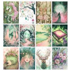 May include: A collection of twelve watercolor illustrations featuring fantasy themes. The images include a unicorn, fairies, a forest scene, a sleeping bear, a deer, and a book. The color palette is soft, with pastel pinks, greens, and blues.