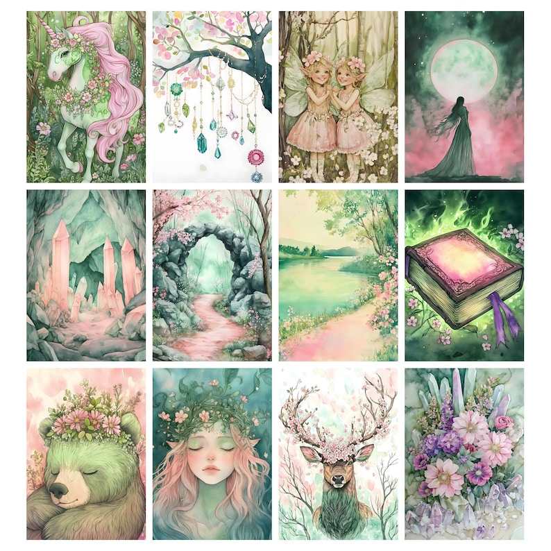 May include: A collection of twelve watercolor illustrations featuring fantasy themes. The images include a unicorn, fairies, a forest scene, a sleeping bear, a deer, and a book. The color palette is soft, with pastel pinks, greens, and blues.