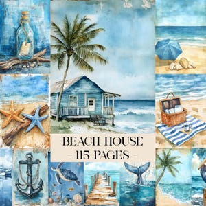 Beach House Junk Journal Kit, Beach House Coastal Scrapbook Set, Ocean Sea Journaling Supplies Ephemera, Printable Seaside Paper Sheet