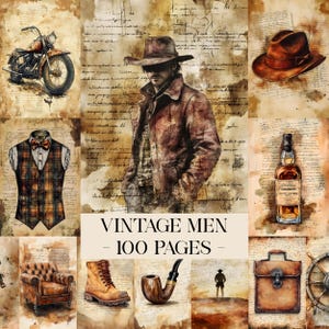 K&ouml;nnte beinhalten: Eine Collage von Vintage-Illustrationen mit einem Motorrad, einem Cowboy, einem Fedora, einer karierten Weste, einer Whiskyflasche, einem Lederstiefel, einer Pfeife, einem Aktenkoffer und einem Steuerrad. Der Text "VINTAGE MEN - 100 PAGES" ist zu sehen.