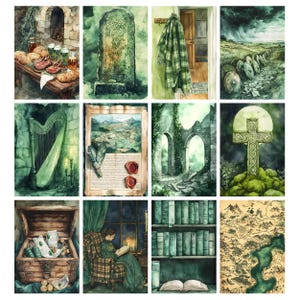 May include: A collection of watercolor paintings with a Celtic theme. The images depict scenes such as a stone monument, a harp, a treasure chest, a woman reading, and a map. The color palette is dominated by shades of green and brown.