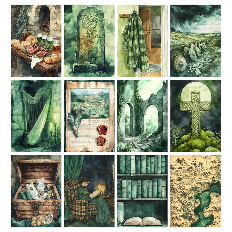May include: A collection of watercolor paintings with a Celtic theme. The images depict scenes such as a stone monument, a harp, a treasure chest, a woman reading, and a map. The color palette is dominated by shades of green and brown.