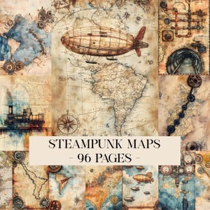 Puede incluir: Un collage de mapas steampunk con una estética vintage. Los mapas presentan dirigibles, engranajes y brújulas, con una paleta de colores sepia, marrón y azul. El texto "STEAMPUNK MAPS - 96 PAGES" se muestra en la imagen.