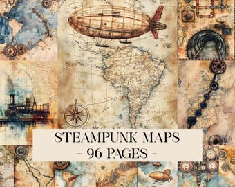 May include: A collage of steampunk-themed maps with a vintage aesthetic. The maps feature airships, gears, and compasses, with a color palette of sepia, brown, and blue. The text "STEAMPUNK MAPS - 96 PAGES" is displayed across the image.