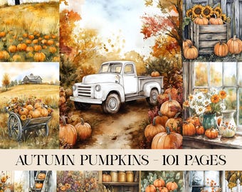 May include: Watercolor collage featuring autumn scenes with pumpkins, barns, and a white pickup truck. The image includes text that reads "AUTUMN PUMPKINS - 101 PAGES". The color palette is dominated by warm oranges, yellows, and browns.