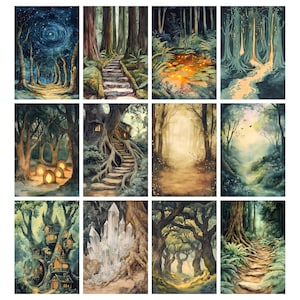 May include: A collection of twelve watercolor art prints depicting various forest scenes. Each print showcases a different perspective, including pathways, glowing lights, and mystical tree houses. The color palette ranges from deep blues and greens to warm oranges and browns.