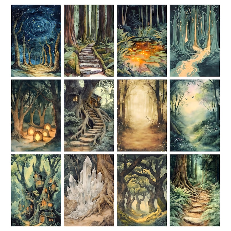 May include: A collection of twelve watercolor art prints depicting various forest scenes. Each print showcases a different perspective, including pathways, glowing lights, and mystical tree houses. The color palette ranges from deep blues and greens to warm oranges and browns.