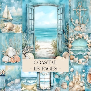 May include: A collage of watercolor images with a coastal theme. The images include seashells, a sailboat, an open door leading to a beach, and an anchor. The text "COASTAL - 115 PAGES" is displayed in the center.