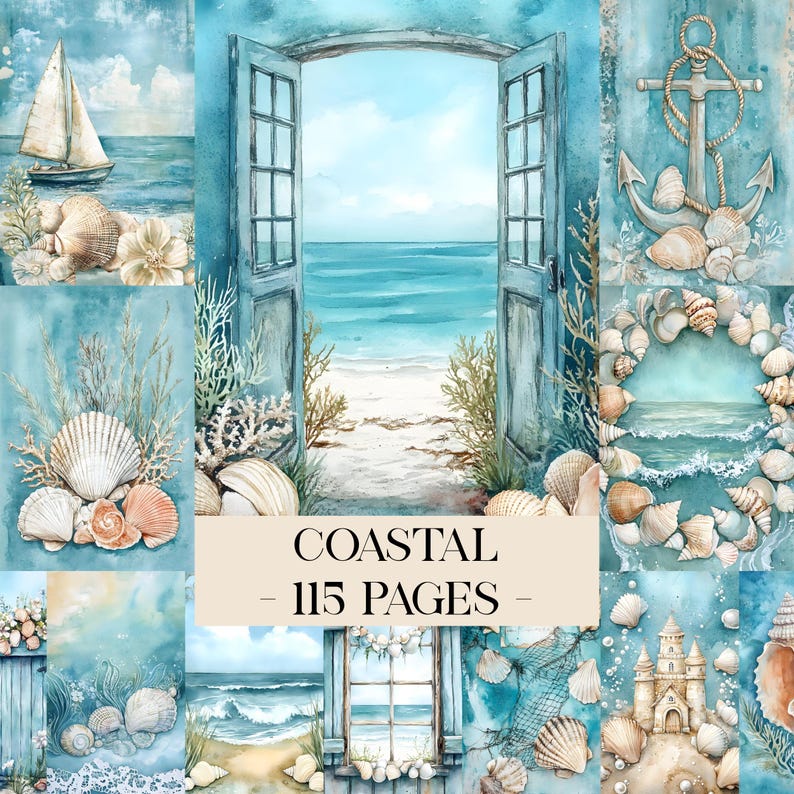 Op de afbeelding: Een collage van aquarel afbeeldingen met een kustthema. De afbeeldingen bevatten schelpen, een zeilboot, een open deur naar een strand en een anker. De tekst "COASTAL - 115 PAGES" staat in het midden.